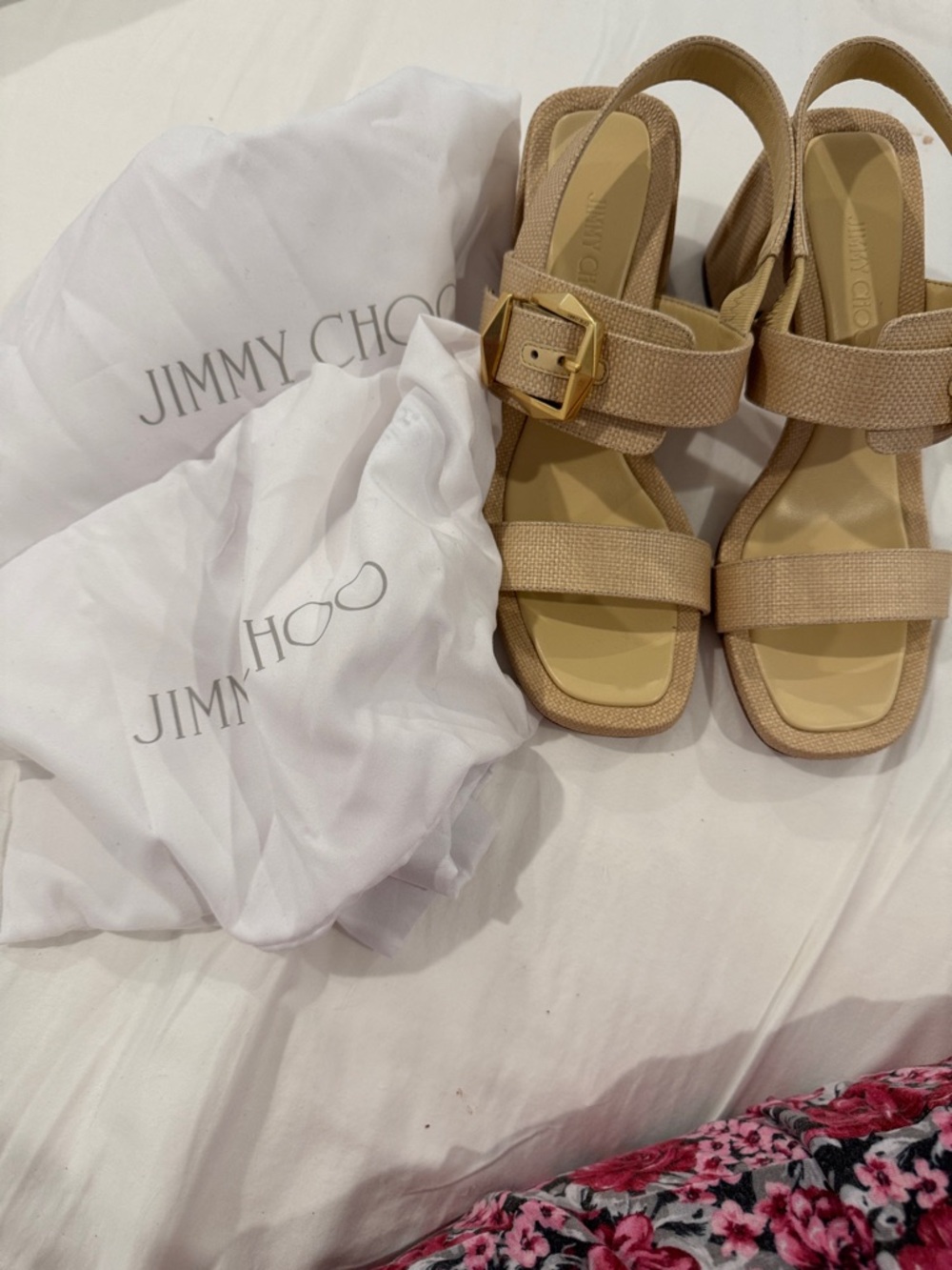 Jimmy Choo Hawke Nude Beige Textured Slingback Sandals with Gold Buckle